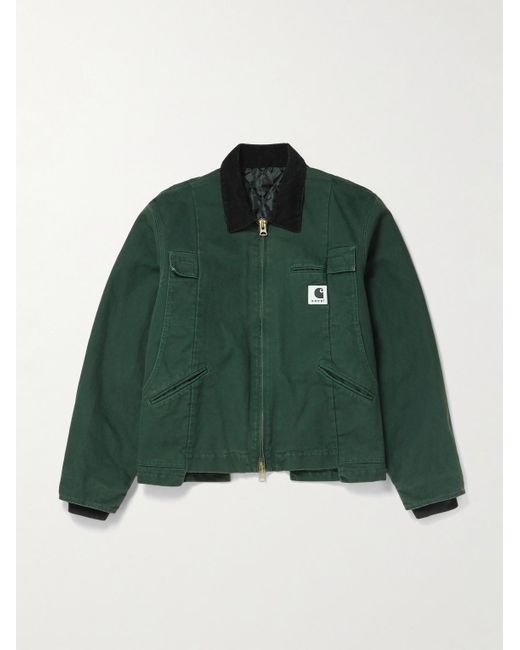 Sacai Green Carhartt Wip Cotton Corduroy-Trimmed Panelled Cotton-Canvas Jacket for men