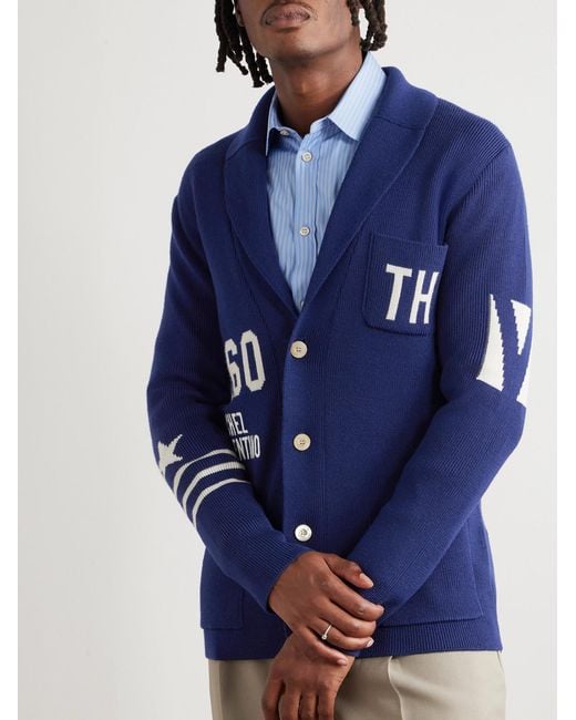 Valentino Garavani Blue Chez Slim-Fit Shawl-Collar Intarsia Wool Cardigan for men