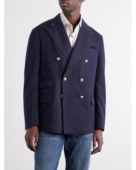 Fortela Blue Travel Double-Breasted Wool-Twill Blazer for men