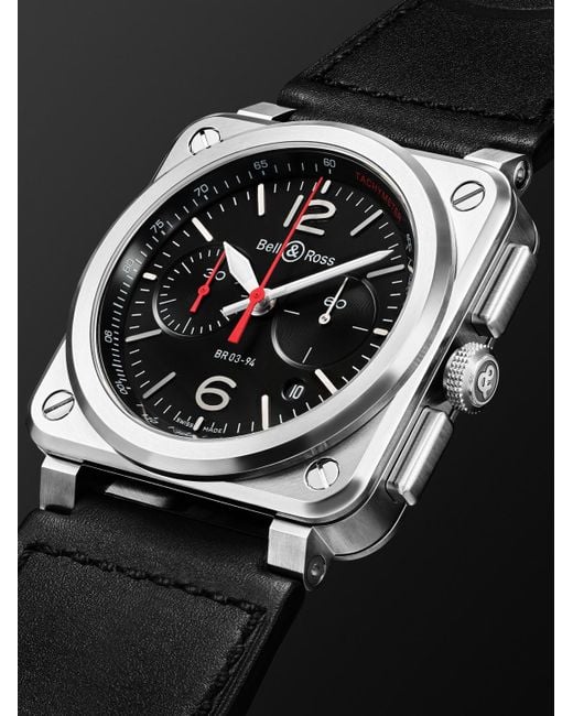 Bell & Ross Black Br 03 Automatic Chronograph 42Mm Stainless Steel And Leather Watch, Ref. No. Br0394-Blc-St/Sca for men