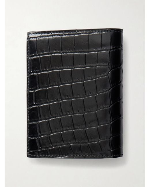 Saint Laurent Black Tiny Cassandre Logo-Appliquéd Croc-Effect Leather Bifold Wallet for men