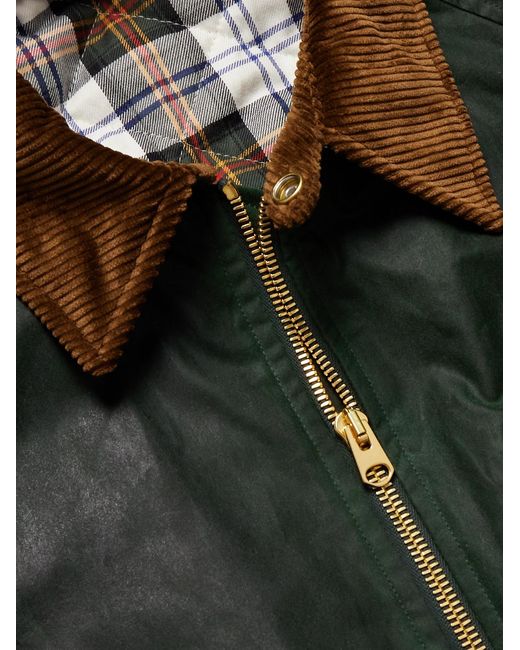 Drake's Green Corduroy-Trimmed Waxed-Cotton Jacket for men