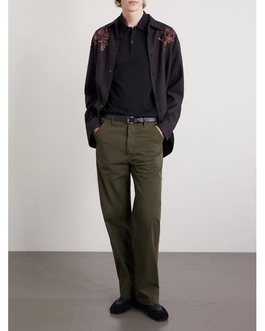 Dries Van Noten Green Straight-Leg Stretch-Cotton Twill Trousers for men
