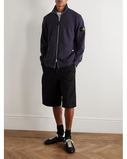 Stone Island Blue Logo-Appliquéd Cotton Zip-Up Sweatshirt for men