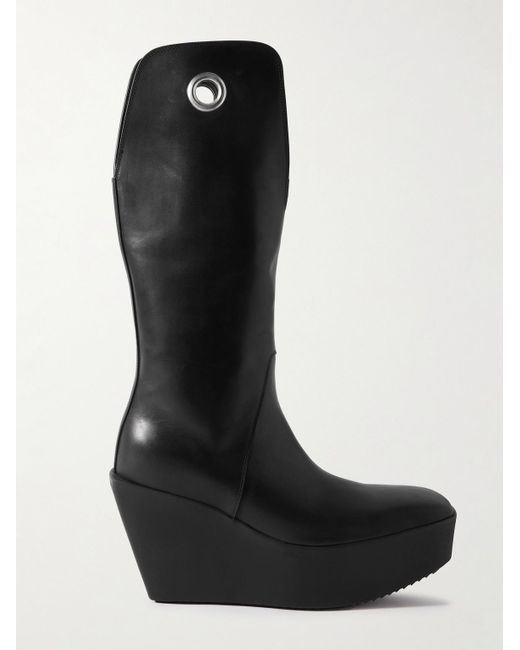 Rick Owens Black Kowboy Eyelet-embellished Leather Platform Boots for men