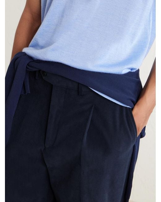 Saman Amel Blue Straight-leg Pleated Peached Cotton-blend Trousers for men