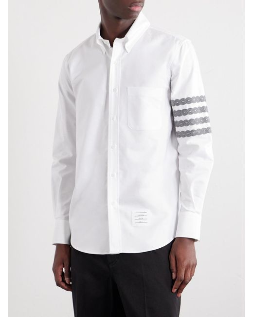 Thom Browne White Logo-Appliquéd 4-Bar Embroidered Cotton-Oxford Shirt for men