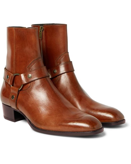 Saint Laurent Brown Wyatt Burnished-leather Harness Boots for men