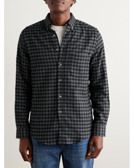Portuguese Flannel Blue Roca Button-down Collar Checked Cotton-flannel Shirt for men