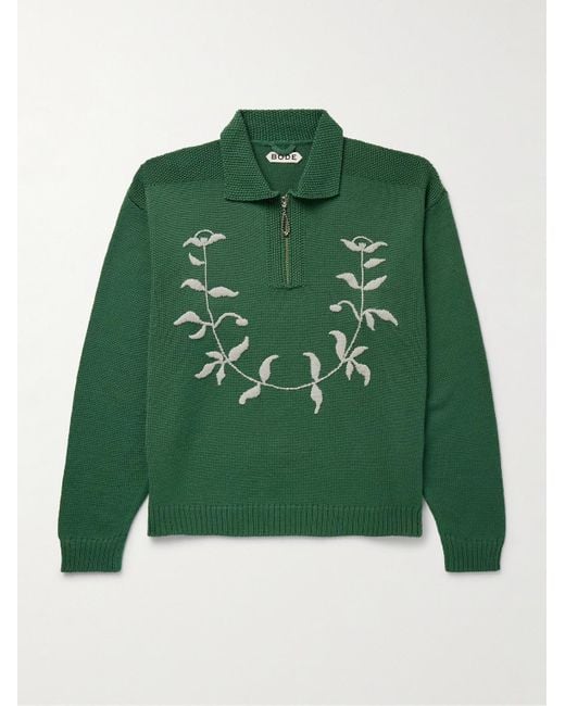 Bode Green Floret Embroidered Wool Half-zip Sweater for men