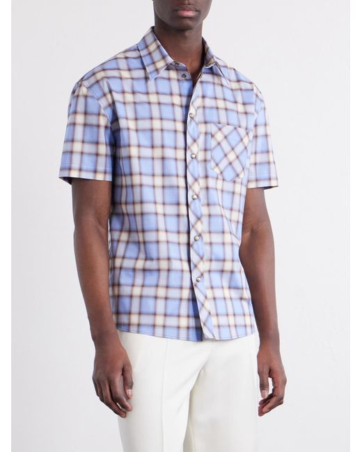 Versace Blue Checked Cotton-Poplin Shirt for men
