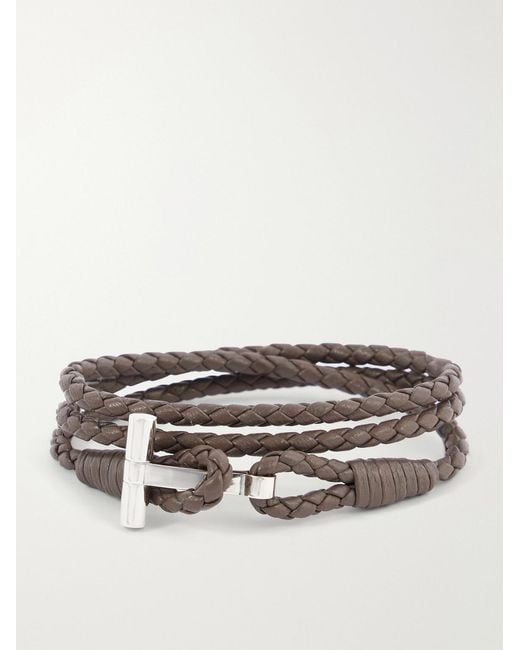 Tom Ford Gray Woven Leather And Silver-tone Wrap Bracelet for men
