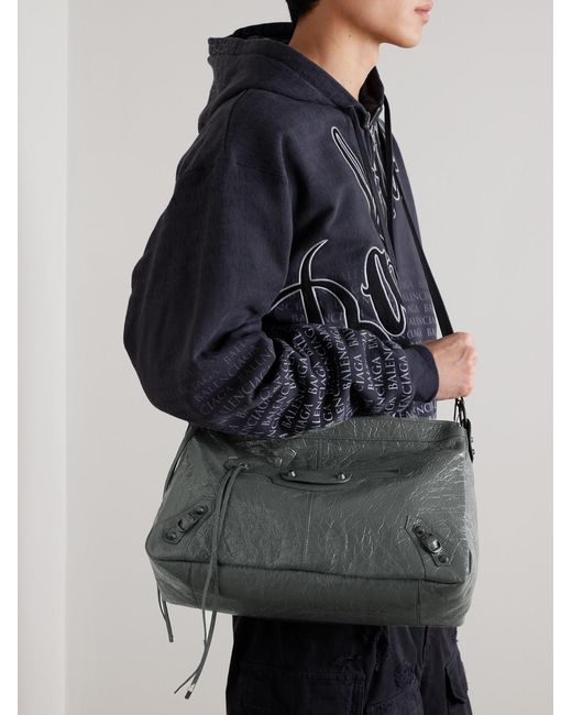 Balenciaga Gray Le City Moto Medium Embellished Crinkled-leather Messenger Bag for men