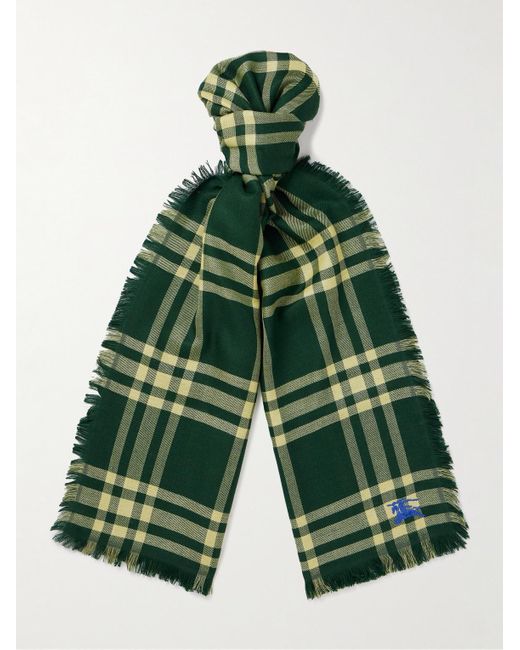 Sciarpa in misto lana a quadri con logo ricamato e frange di Burberry in Green da Uomo