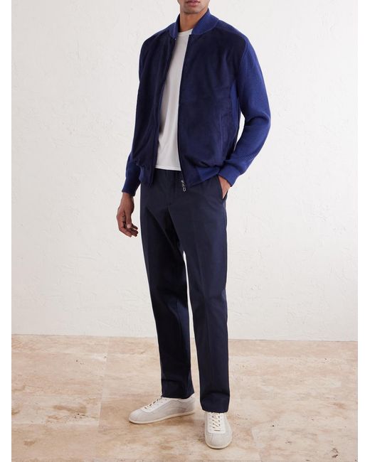 Sease Blue Suede And Ribbed Cotton And Cashmere-blend Bomber Jacket for men
