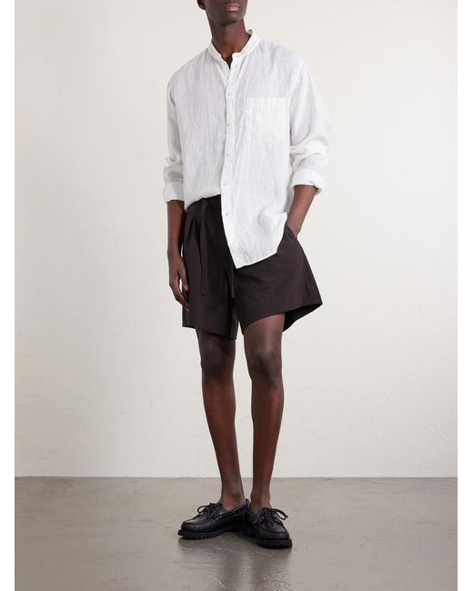 Blue Blue Japan White Grandad-Collar Linen Shirt for men