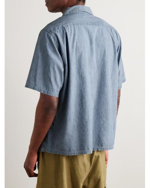 Visvim Blue Keesey Convertible-Collar Logo-Embroidered Cotton And Silk-Blend Chambray Shirt for men
