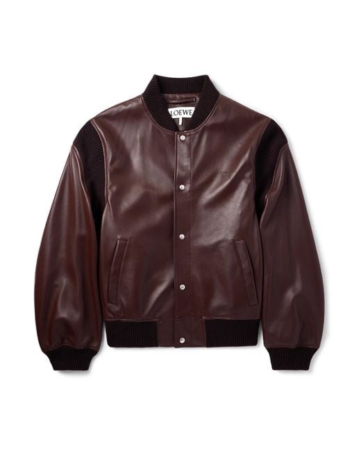 Loewe Brown Logo-Debossed Ribbed-Knit Trimmed Leather Bomber Jacket for men