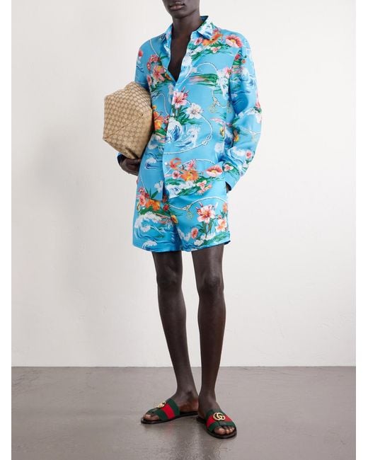 Gucci Blue Straight-Leg Floral-Print Silk-Twill Shorts for men