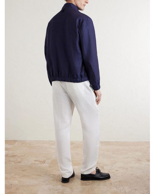 Canali Blue Linen Bomber Jacket for men