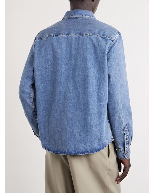 AMI Blue Button-Down Collar Logo-Embroidered Denim Shirt for men