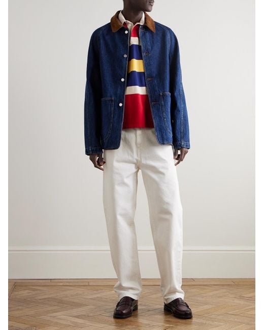 Drake's Blue Corduroy-Trimmed-Dyed Denim Chore Jacket for men