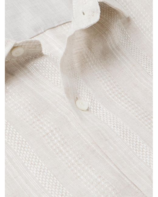 Brunello Cucinelli White Embroidered Striped Linen Shirt for men