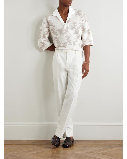 Zegna Natural Camp-Collar Poplin-Trimmed Jacquard-Knit Oasi Linen Polo Shirt for men