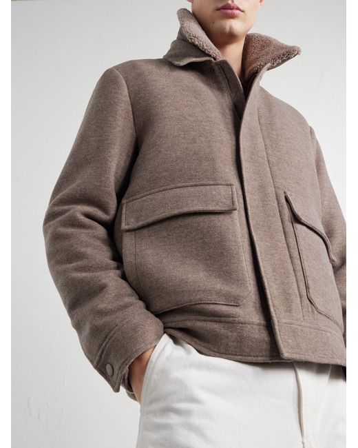 Canali Brown Shearling-Trimmed Wool And Cashmere-Blend Bomber Jacket for men