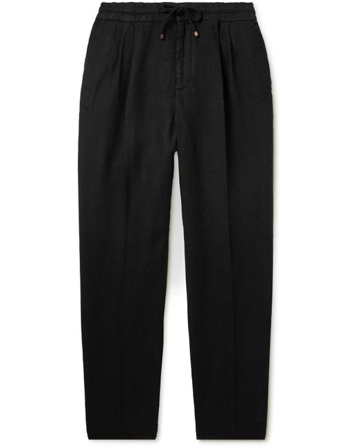 Brunello Cucinelli Black Straight-leg Pleated Linen-twill Drawstring Trousers for men
