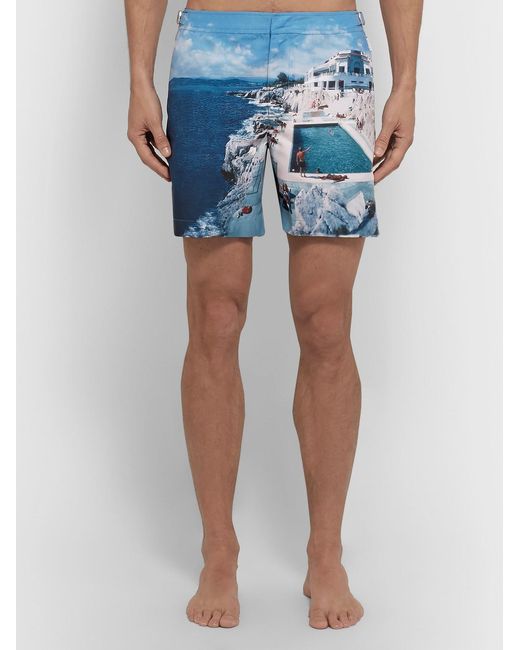 Orlebar Brown Blue Bulldog Straight-Leg Mid-Length Printed Swim Shorts for men