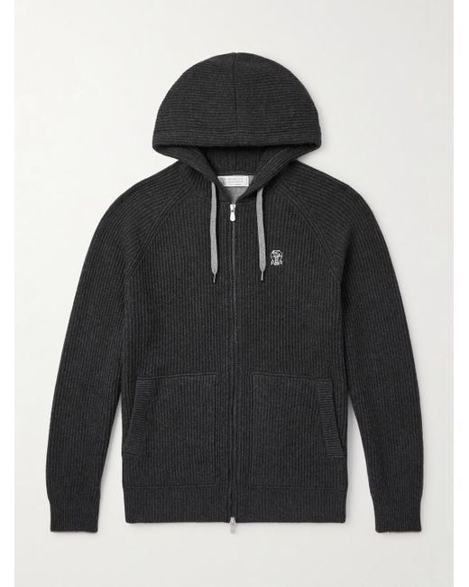 Brunello Cucinelli Black Logo-embroidered Ribbed Cashmere Zip-up Hoodie for men