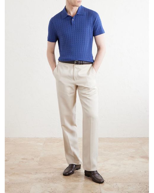 Dunhill Blue Cable-Knit Cotton And Mulberry Silk-Blend Polo Shirt for men