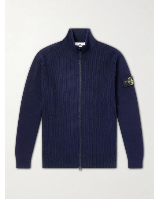 Stone Island Blue Ribbed-Knit Organic Cotton Zip-Up Cardigan for men