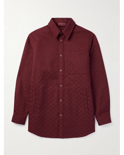 Gucci Red Logo-Jacquard Cotton-Blend Canvas Shirt for men