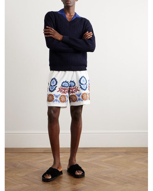 A Kind Of Guise Volta gerade geschnittene Shorts aus Flammgarn aus Baumwolle mit Kordelzugbund und Stickereien in Blue für Herren