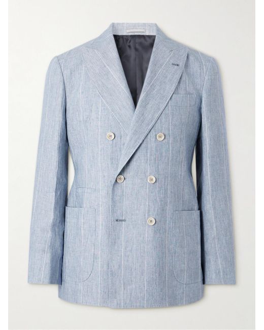 Brunello Cucinelli Blue Double-breasted Striped Linen Suit Jacket for men