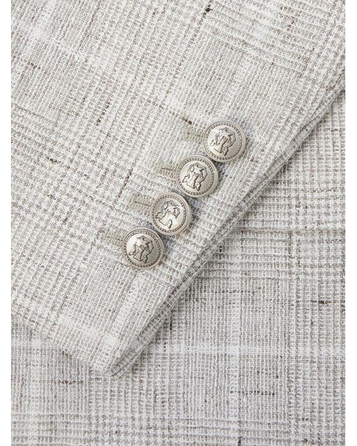 Brunello Cucinelli Gray Double-Breasted Checked Linen-Blend Suit Jacket for men