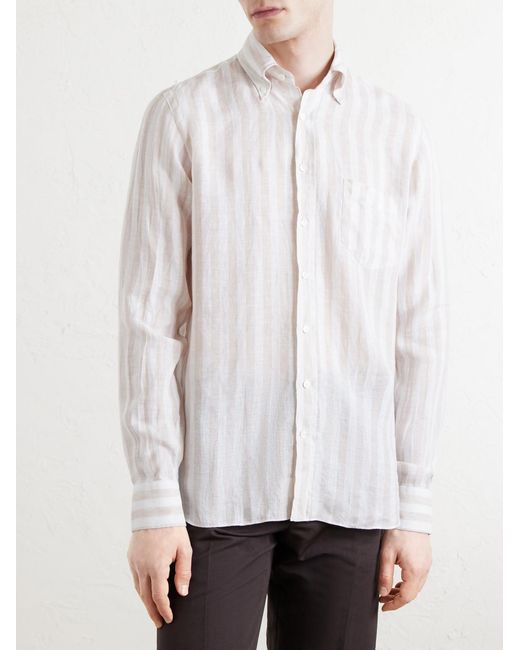 J. Mueser White Button-Down Collar Striped Linen Shirt for men