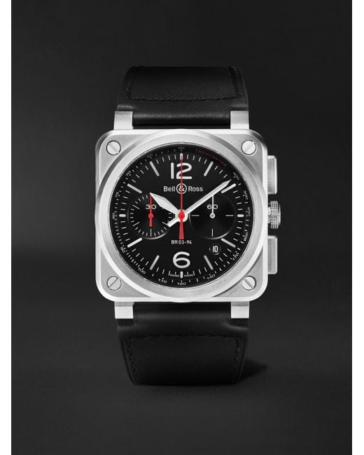 Bell & Ross Black Br 03 Automatic Chronograph 42Mm Stainless Steel And Leather Watch, Ref. No. Br0394-Blc-St/Sca for men