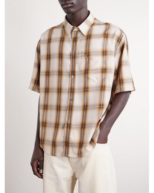 AMI Natural Logo-Embroidered Checked Lyocell Shirt for men