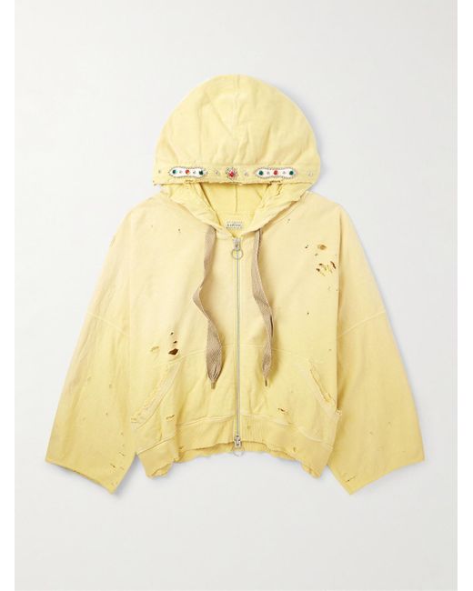 Kapital Yellow Embelished Distressed Cotton-Jersey Zip-Up Hoodie for men