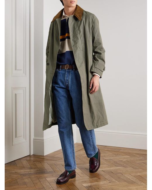 Drake's Gray Him Rider's Belted Corduroy-Trimmed Cotton-Ripstop Coat for men