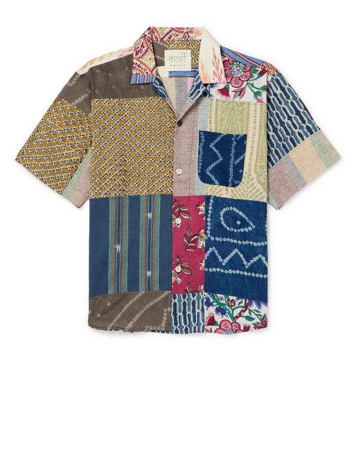 Kardo Blue Ronen Convertible-collar Printed Patchwork Cotton Shirt for men