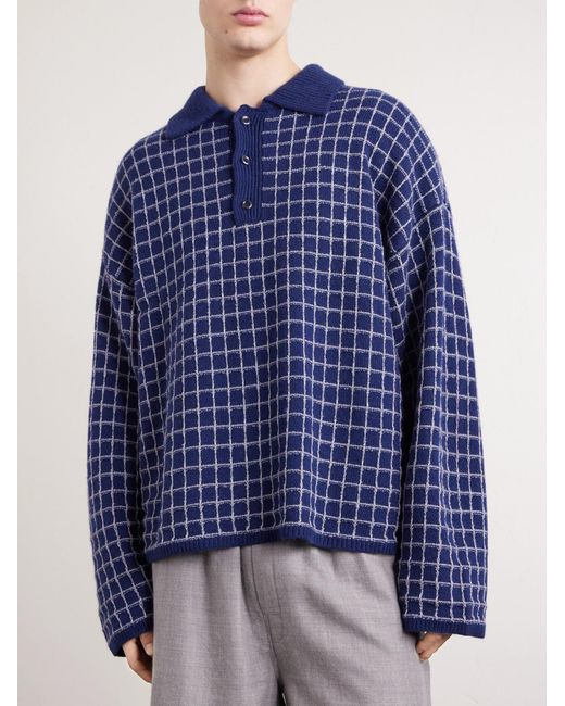 The Elder Statesman Blue Dume Checked Cashmere And Silk-Blend Polo Shirt for men