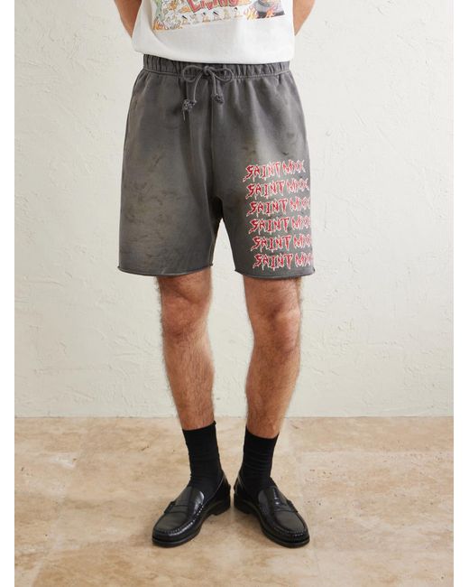 SAINT Mxxxxxx Gray Wide-Leg Logo-Print Distressed Cotton-Jersey Drawstring Shorts for men