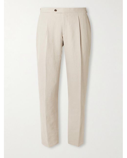 Thom Sweeney Natural Tapered Pleated Linen Suit Trousers for men