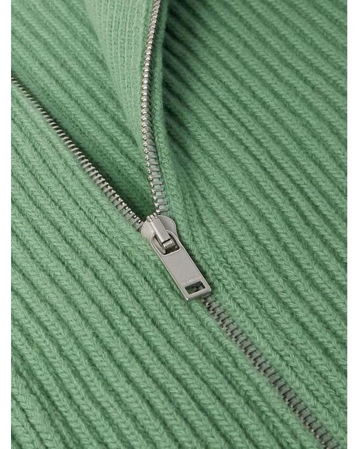 Jil Sander Green Ribbed Wool Zip-up Cardigan for men