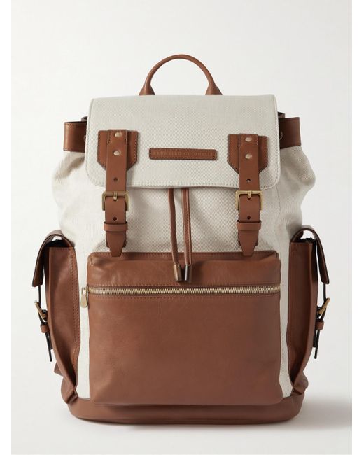 Brunello Cucinelli Brown Cotton And Linen-blend Twill And Leather Backpack for men
