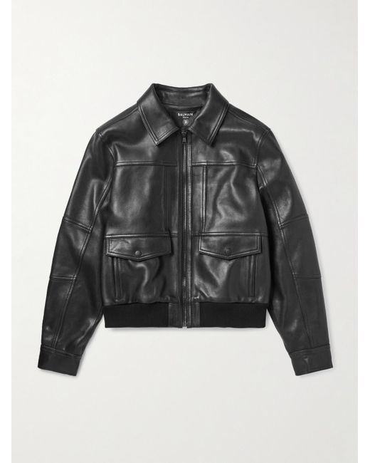 Balmain Black Slim-Fit Panelled Leather Bomber Jacket for men